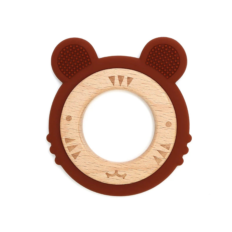 1 anneau de dentition en silicone pour bébé, sans BPA, mignon, dessin animé, pendentif tigre, jouet de dentition, anneau en bois, accessoires à mâcher, jouets pour bébé