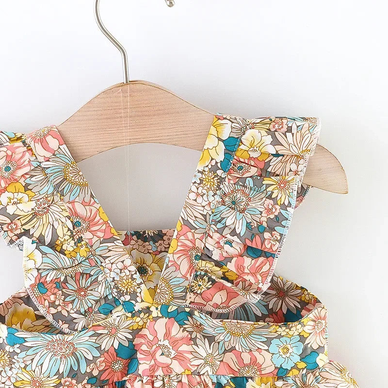 (Filles 0-3 ans) Nouvelle robe d'été pour filles, dos nu, petites manches volantées, fleurs à volants, imprimé complet + sac à bandoulière, robe trapèze