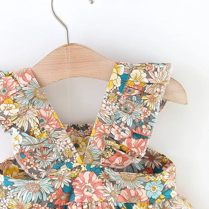 (Filles 0-3 ans) Nouvelle robe d'été pour filles, dos nu, petites manches volantées, fleurs à volants, imprimé complet + sac à bandoulière, robe trapèze