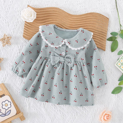 Jupe pour enfants de 0 à 3 ans, nouvelle collection printemps-automne, robe fraîche à motif de cerises, avec nœud décoratif et col haut
