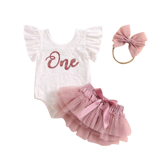 Pudcoco Tenue d'été pour bébé fille avec manches à volants et imprimé lettres, barboteuse en dentelle, jupe tutu et bandeau, vêtements pour nouveau-né