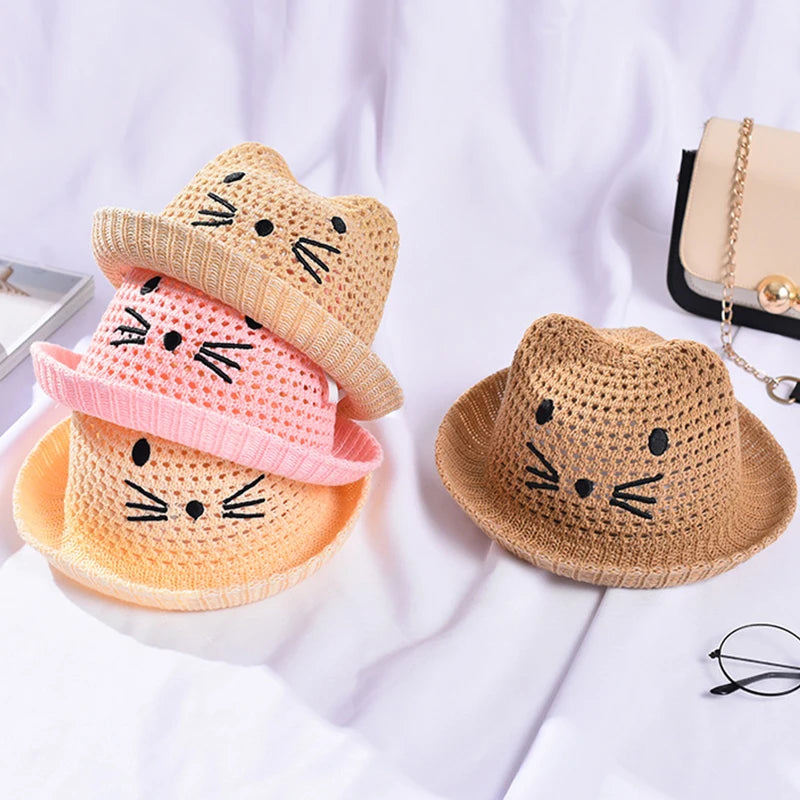 Summer Baby Straw Hat Cute Cat Ear Infant Toddler Mesh Breathable Bucket Hat Outdoor Beach Boy Girl Panama Sun Cap