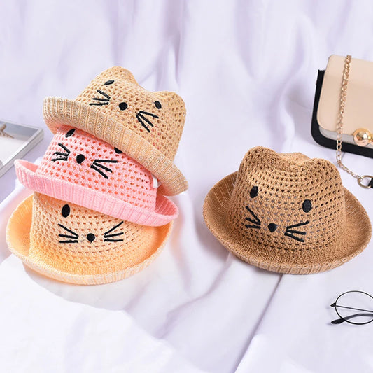 Summer Baby Straw Hat Cute Cat Ear Infant Toddler Mesh Breathable Bucket Hat Outdoor Beach Boy Girl Panama Sun Cap