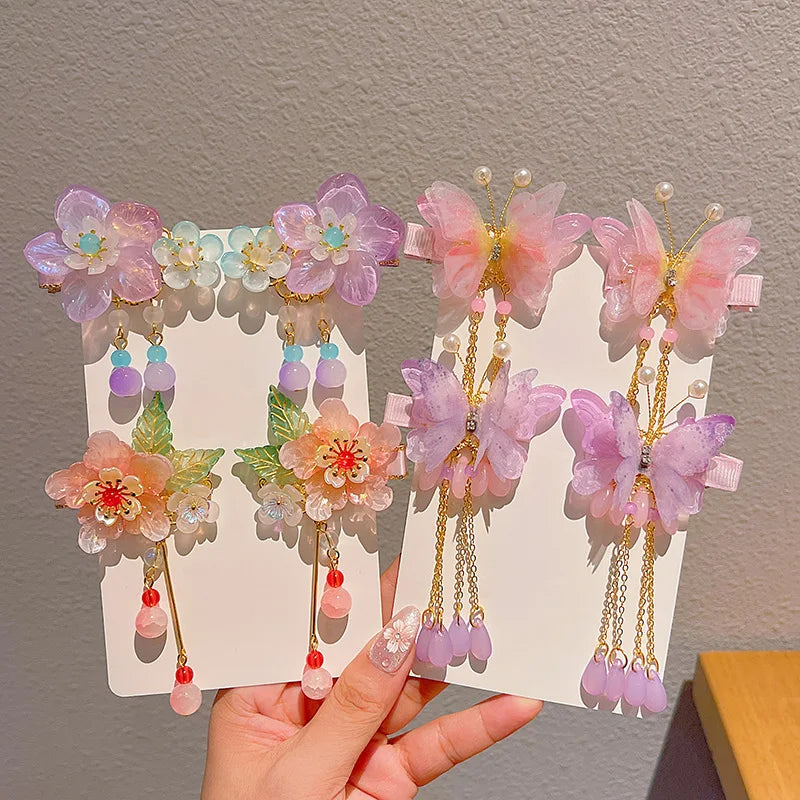 Children's Antique Style Tassel Hair Clip Headwear for Girls Hanfu Flower Hair Clip for Girls Bangs Hair Accessory