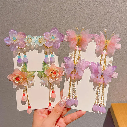 Children's Antique Style Tassel Hair Clip Headwear for Girls Hanfu Flower Hair Clip for Girls Bangs Hair Accessory
