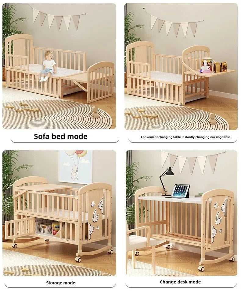 2025 New Baby Comfortable Sleeping Bed Solid Wood Newborn Baby Bed Multifunctional Baby Rocking Bed with Wheels and Mosquito Net
