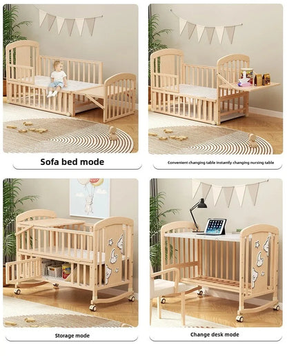 2025 New Baby Comfortable Sleeping Bed Solid Wood Newborn Baby Bed Multifunctional Baby Rocking Bed with Wheels and Mosquito Net