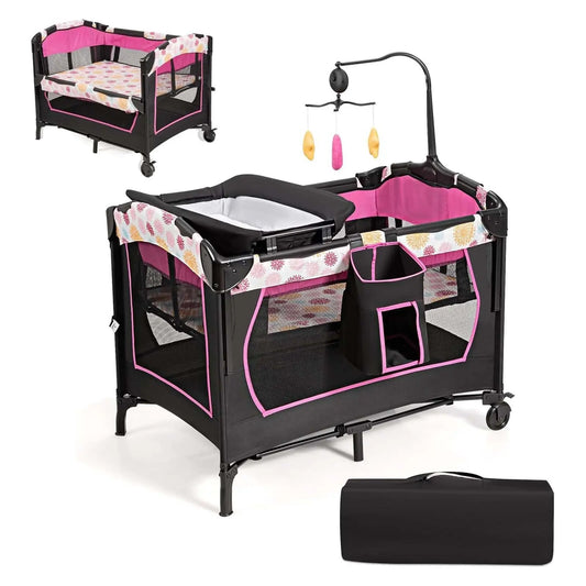 4-in-1 Folding Travel Cot & Cot & Changing Table & Playpen, 2 Levels Baby Bed Height Adjustable with Carry Bag, Mattress