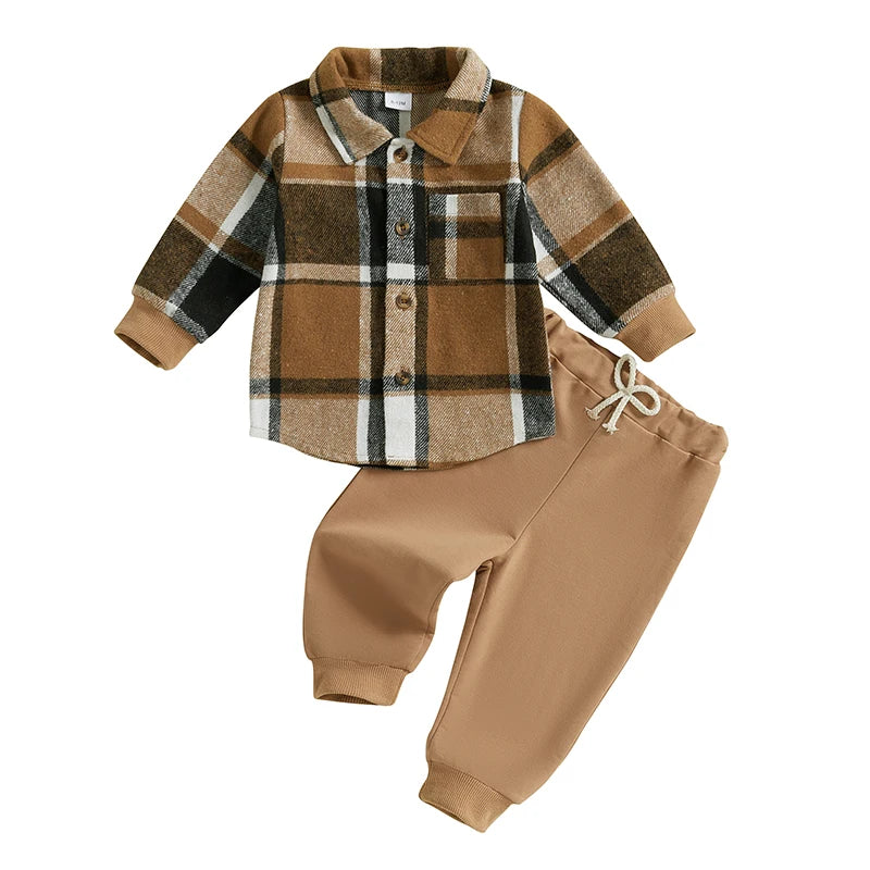 Ensemble 2 pièces pour bébé garçon de 1 à 5 ans, vêtements d'automne à carreaux, chemise à manches longues et pantalon à bande élastique