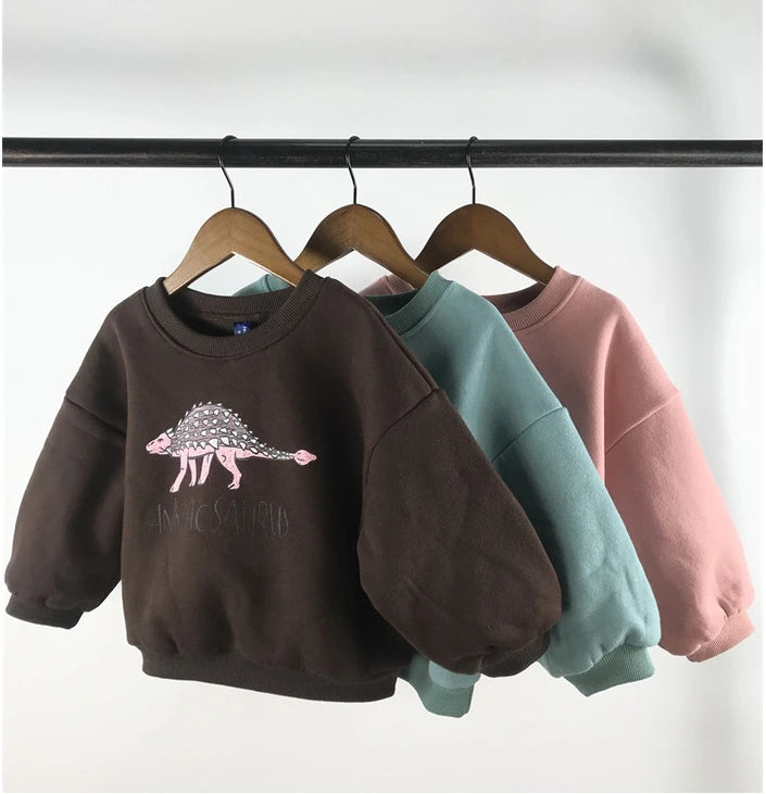 Winter Baby Girls Boys Fleece Velvet Warm Long Sleeve Tops Spring Kids Sweatershirt Dinosaur Print Hoodies