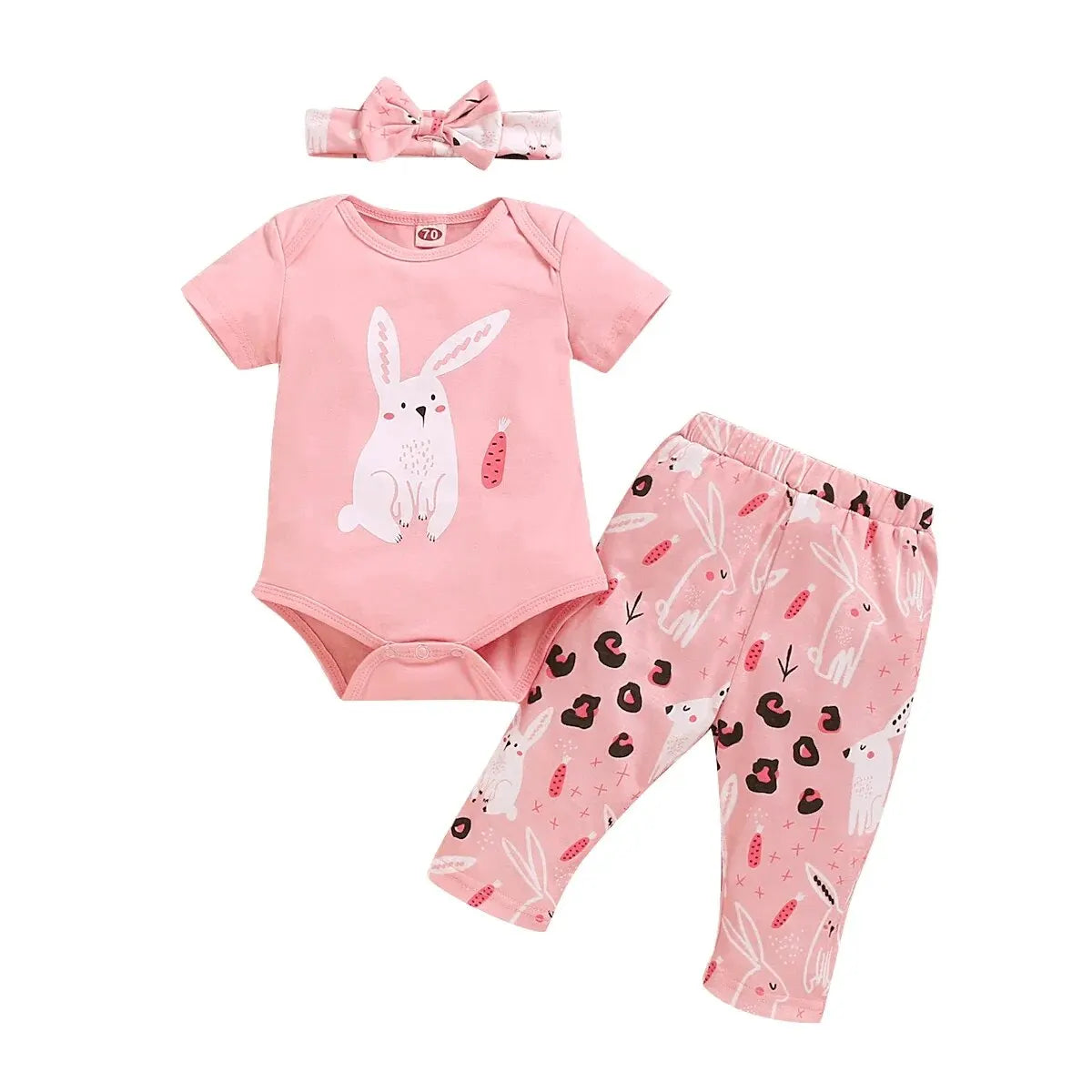 Ensemble 3 pièces pour nouveau-né fille, barboteuse à imprimé lapin + pantalon avec nœud papillon, tenue d'été décontractée