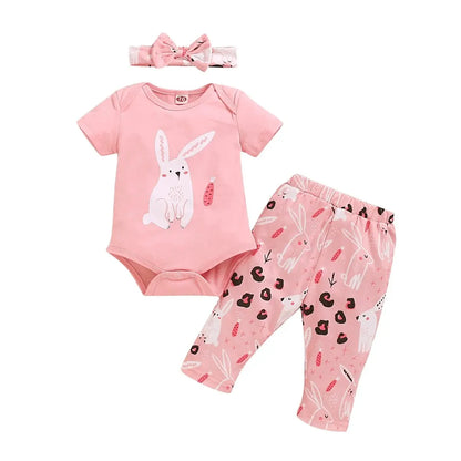 Ensemble 3 pièces pour nouveau-né fille, barboteuse à imprimé lapin + pantalon avec nœud papillon, tenue d'été décontractée