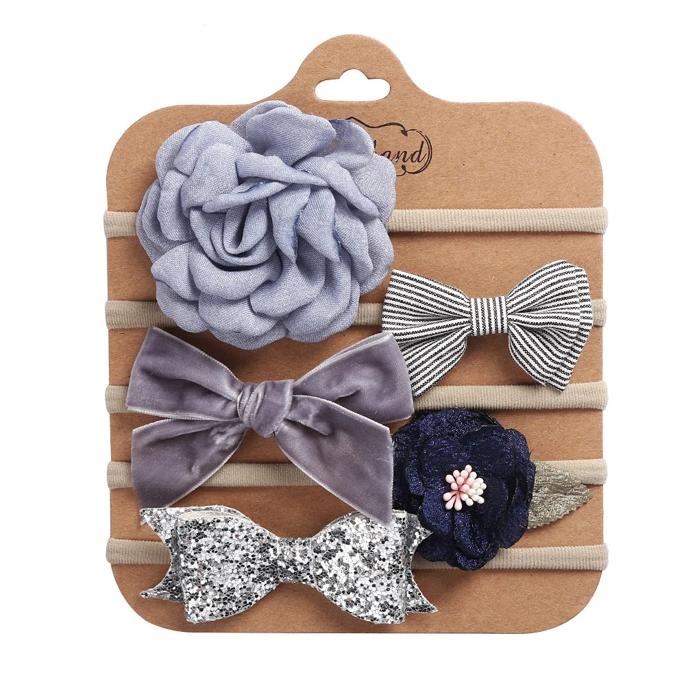 5Pcs/Set Flower Fabric Cloth Bow Print Baby Headband Elastic Nylon Hair Bands Newborn Photography Props Kids Accessories