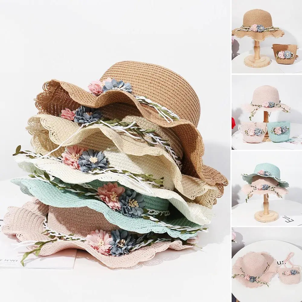 New Summer Kids Flower Caps Bag Girl Sandy Beach Hat Baby Coin Cute Weave Straw Purse Children's Messenger Backpack