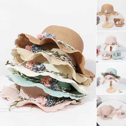 New Summer Kids Flower Caps Bag Girl Sandy Beach Hat Baby Coin Cute Weave Straw Purse Children's Messenger Backpack