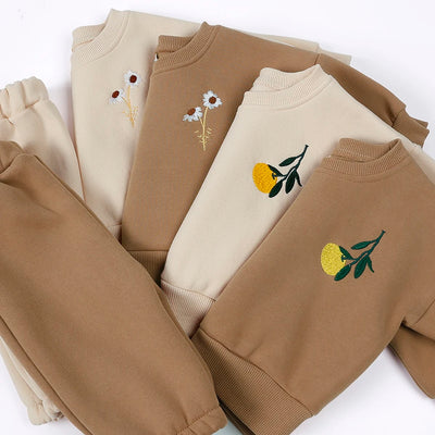Ensemble de vêtements d'hiver pour bébé garçon et fille, sweat-shirt et pantalon en polaire épaisse brodée de fleurs, survêtement chaud pour enfant, tenue unisexe pour tout-petits, 2025