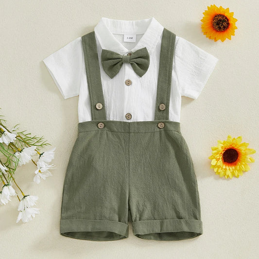 Ensemble 3 pièces pour bébé garçon, barboteuse à manches courtes et col à revers, couleur unie, avec short à bretelles et nœud papillon