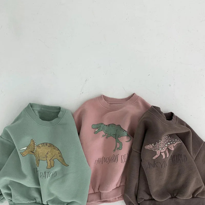 Winter Baby Girls Boys Fleece Velvet Warm Long Sleeve Tops Spring Kids Sweatershirt Dinosaur Print Hoodies