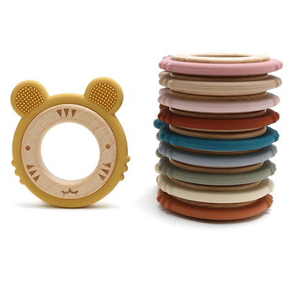 1 anneau de dentition en silicone pour bébé, sans BPA, mignon, dessin animé, pendentif tigre, jouet de dentition, anneau en bois, accessoires à mâcher, jouets pour bébé