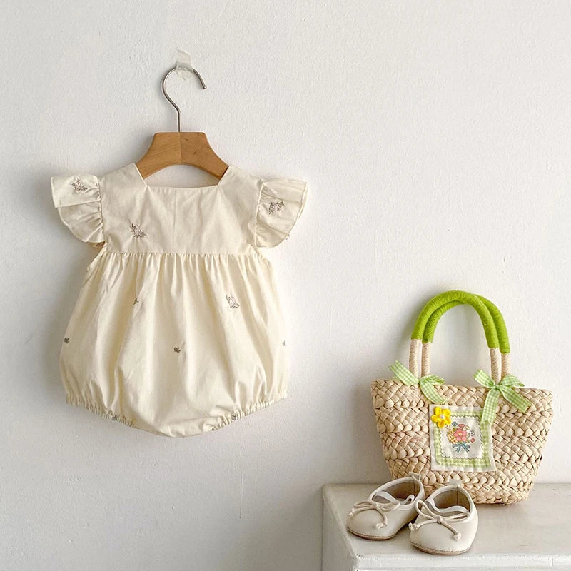 Barboteuse d'été pour bébé fille, manches volantées, vêtements en dentelle douce, barboteuse pour nouveau-né, combinaison pour fille, fleurs brodées, barboteuse pour bébé