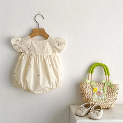 Barboteuse d'été pour bébé fille, manches volantées, vêtements en dentelle douce, barboteuse pour nouveau-né, combinaison pour fille, fleurs brodées, barboteuse pour bébé