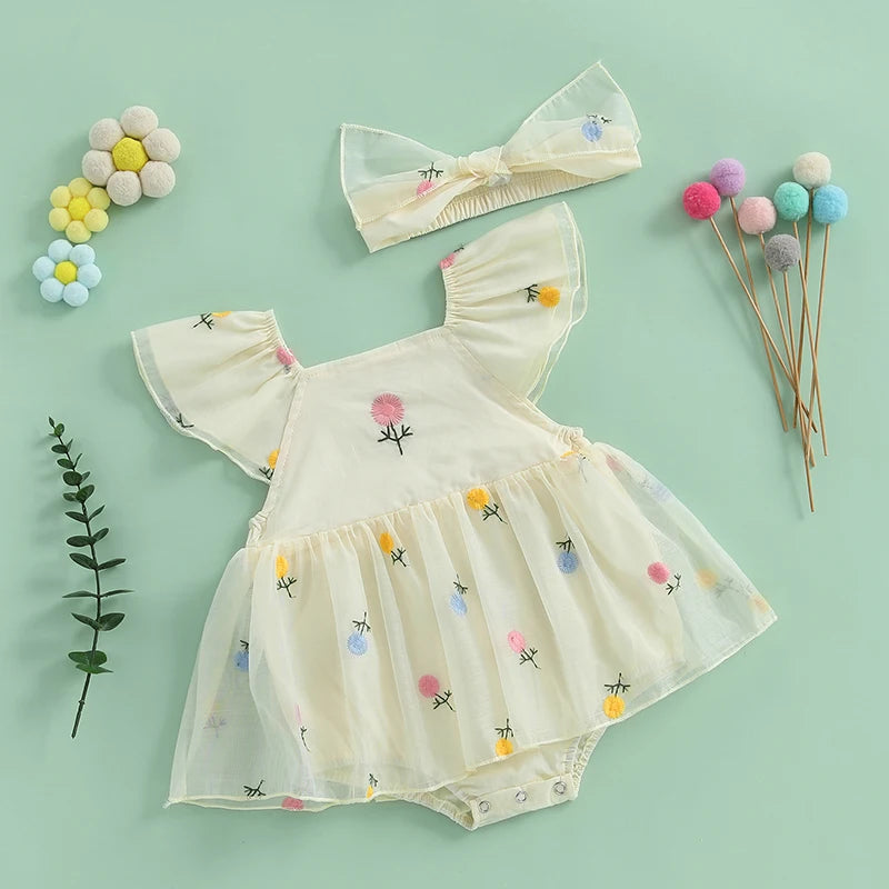 Vêtements pour nouveau-nés et nourrissons, barboteuse d'été pour bébés filles, manches volantées, broderie florale, combinaison avec bandeau