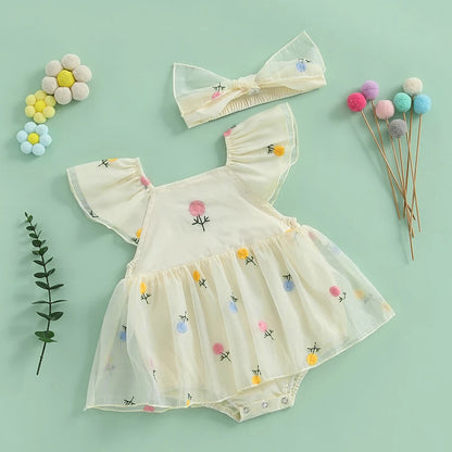 Vêtements pour nouveau-nés et nourrissons, barboteuse d'été pour bébés filles, manches volantées, broderie florale, combinaison avec bandeau