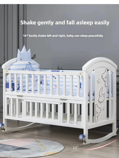 2025New Solid Wood Baby Crib Movable Splicing Bed Multifunctional Baby Rocking Bed Adjustable Guardrail Height with Mosquito Net