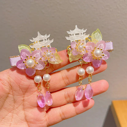 Children's Antique Style Tassel Hair Clip Headwear for Girls Hanfu Flower Hair Clip for Girls Bangs Hair Accessory