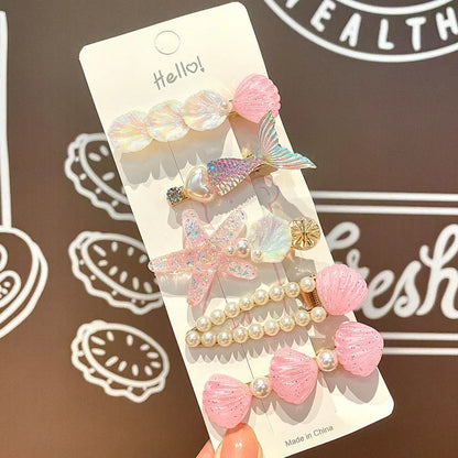 5 Pcs Cute Hair Clip Set Bangs Hairpin Mermaid Shell Starfish Pearl Sea princess Baby Girl Barrettes Hair Accessories