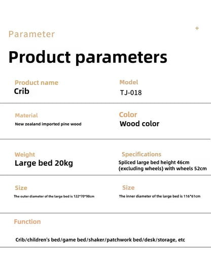 2025 New Baby Comfortable Sleeping Bed Solid Wood Newborn Baby Bed Multifunctional Baby Rocking Bed with Wheels and Mosquito Net