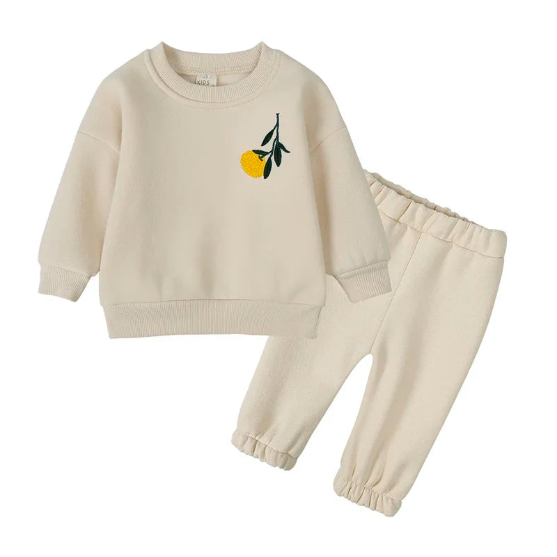 Ensemble de vêtements d'hiver pour bébé garçon et fille, sweat-shirt et pantalon en polaire épaisse brodée de fleurs, survêtement chaud pour enfant, tenue unisexe pour tout-petits, 2025