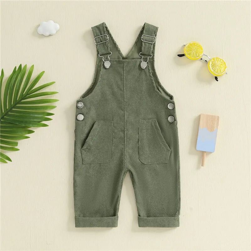 Combinaison pantalon à bretelles unisexe pour bébé de 0 à 24 mois avec boutons, couleur unie, pour tout-petits garçons et filles