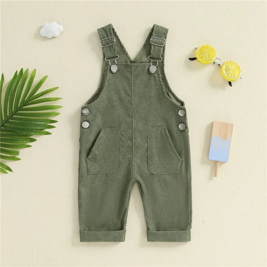 Combinaison pantalon à bretelles unisexe pour bébé de 0 à 24 mois avec boutons, couleur unie, pour tout-petits garçons et filles