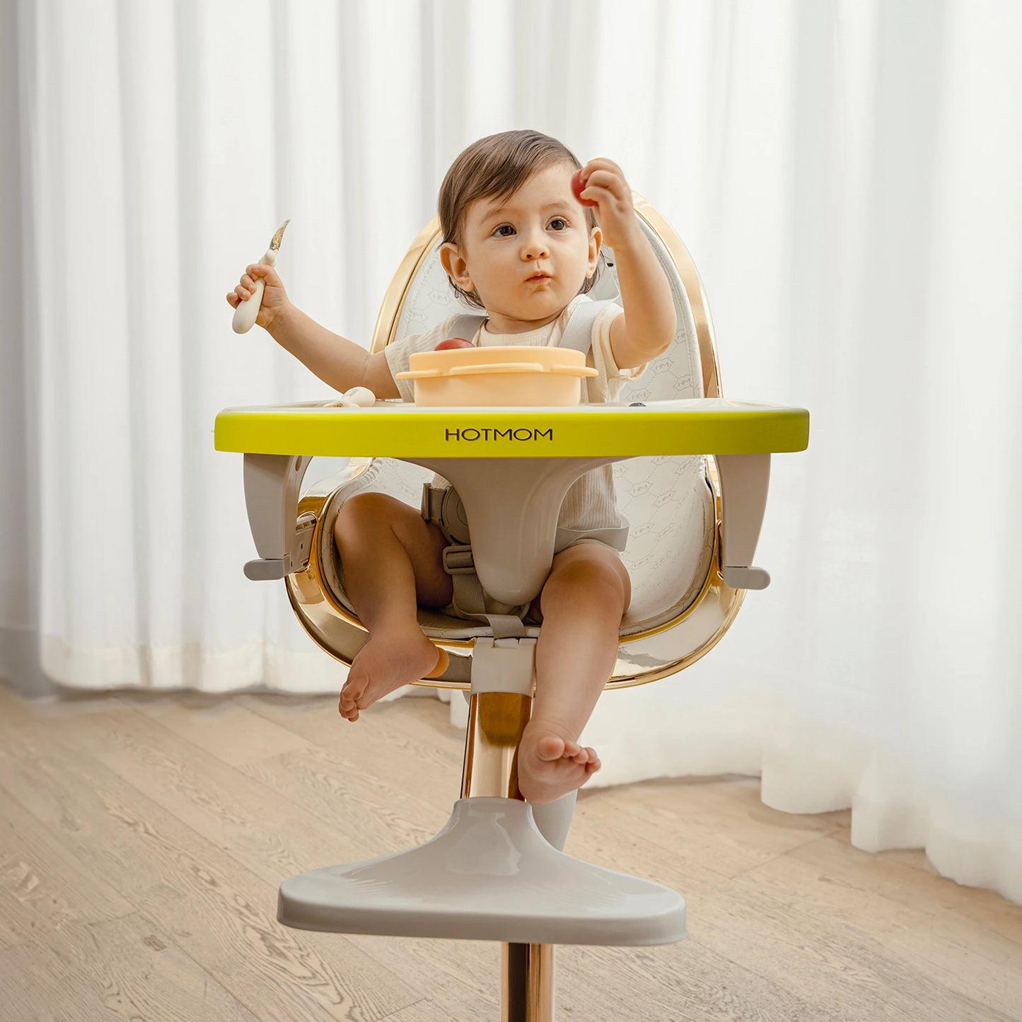 Hot Mom Baby High Chair With Adjustable Seat Height, Eating Chair with Foot Rest,Removable Tray,PU Leather Cushion