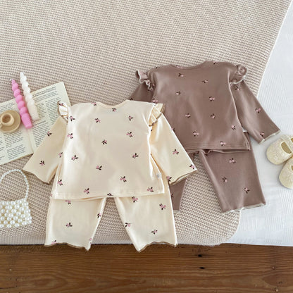 IG Fashion Vêtements pour nouveau-nés Pyjama pour bébé Garçon Fille Imprimé Cerise Manches Longues Chemise + Pantalon Vêtements de Nuit Ensemble Deux Pièces 0-2 ans