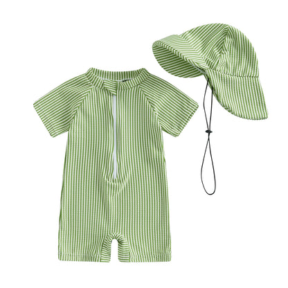 Maillots de bain d'été pour bébés garçons, imprimés rayés, fermeture éclair, col rond, manches courtes, combinaisons anti-éruption cutanée, chapeaux, maillots de bain