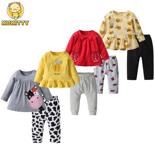 Ensemble de vêtements printemps-automne pour nouveau-né fille à manches longues pour 0 à 4 ans, joli haut à manches longues avec nœud et pantalon, tenues pour tout-petits