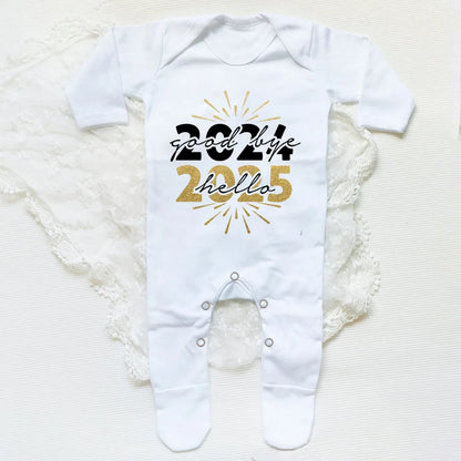 Combinaison de nuit imprimée Hello 2025 pour bébé, barboteuse, bonne année, nouveau-né, combinaison, pieds pour bébé, body à manches longues