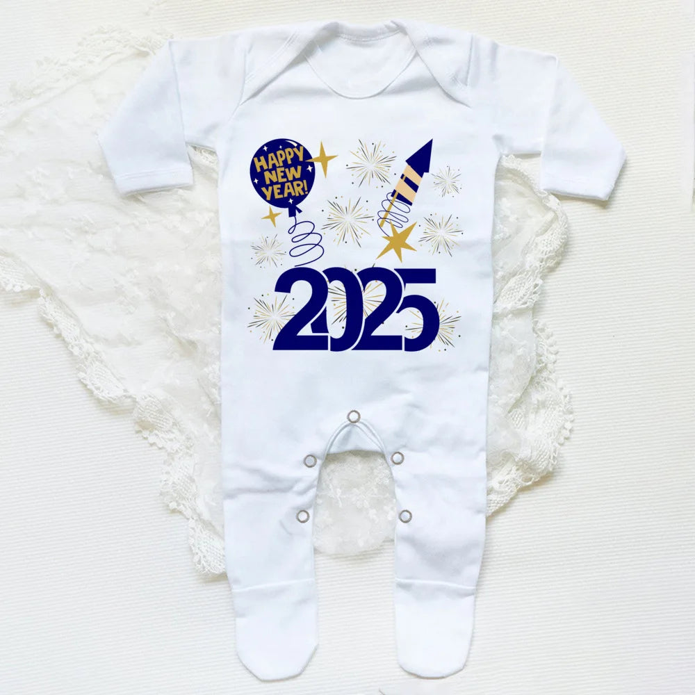 Combinaison de nuit imprimée Hello 2025 pour bébé, barboteuse, bonne année, nouveau-né, combinaison, pieds pour bébé, body à manches longues