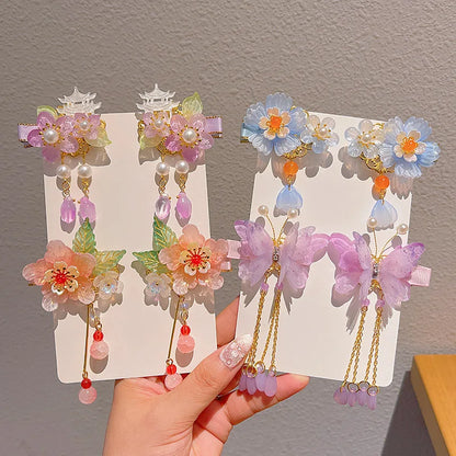 Children's Antique Style Tassel Hair Clip Headwear for Girls Hanfu Flower Hair Clip for Girls Bangs Hair Accessory