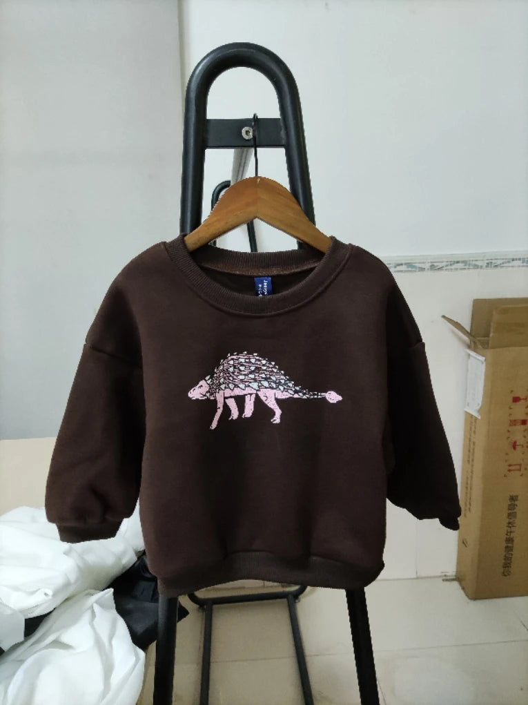 Winter Baby Girls Boys Fleece Velvet Warm Long Sleeve Tops Spring Kids Sweatershirt Dinosaur Print Hoodies