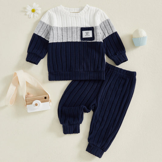 VISgogo Ensemble de vêtements 2 pièces pour garçons de 0 à 3 ans, pull à manches longues et col rond, couleur unie, pantalon