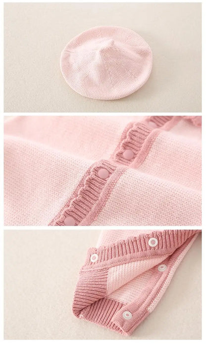 Barboteuse tricotée en coton à manches longues pour nouveau-né fille, col brodé, combinaison pour bébé fille, automne-hiver 2024