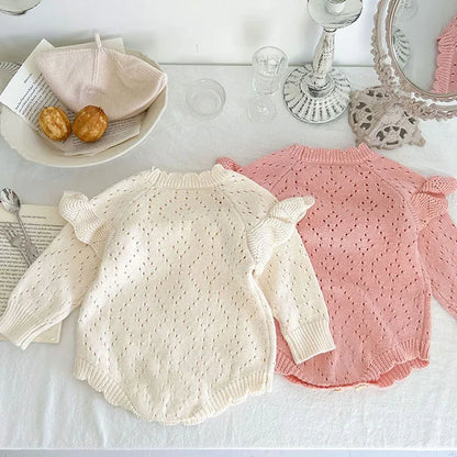 Body tricoté pour nouveau-né fille, couleur unie, ajouré, manches longues, automne, printemps, combinaison tricotée pour bébé fille