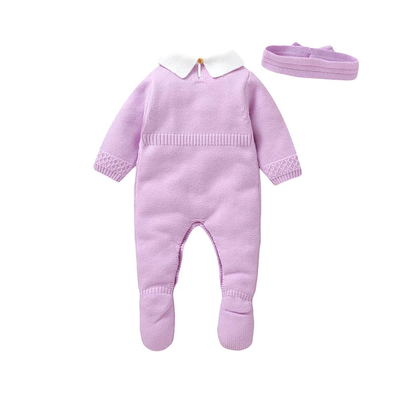 Barboteuse en tricot pour bébé fille de 0 à 9 mois, manches longues, revers, nœud sur le devant, pull à pieds avec bandeau