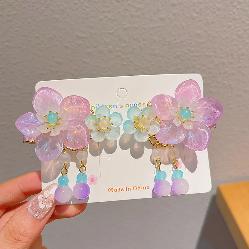 Children's Antique Style Tassel Hair Clip Headwear for Girls Hanfu Flower Hair Clip for Girls Bangs Hair Accessory