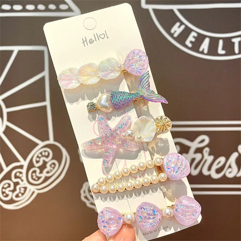 5 Pcs Cute Hair Clip Set Bangs Hairpin Mermaid Shell Starfish Pearl Sea princess Baby Girl Barrettes Hair Accessories