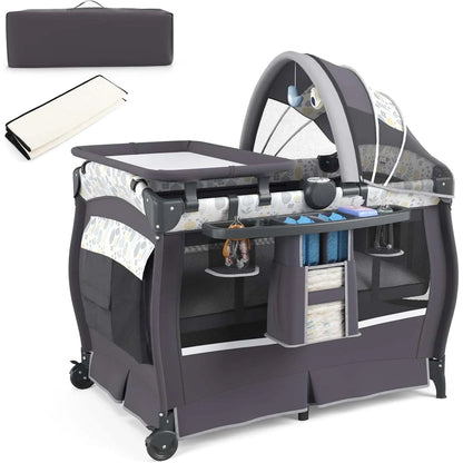 5-in-1 Travel Cot with Mattress,with Adjustable Canopy,with Changing Mat,Music Box & Carry Bag,up to 15 kg Load Capacity