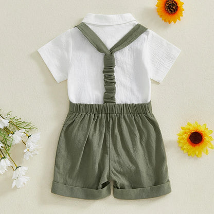 Ensemble 3 pièces pour bébé garçon, barboteuse à manches courtes et col à revers, couleur unie, avec short à bretelles et nœud papillon